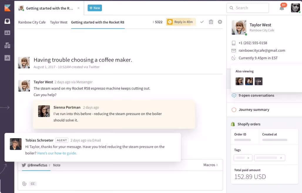 Kayako conversation view with customer journey context