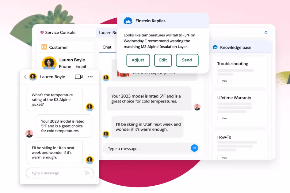 Salesforce Service Cloud console with case records and CRM data