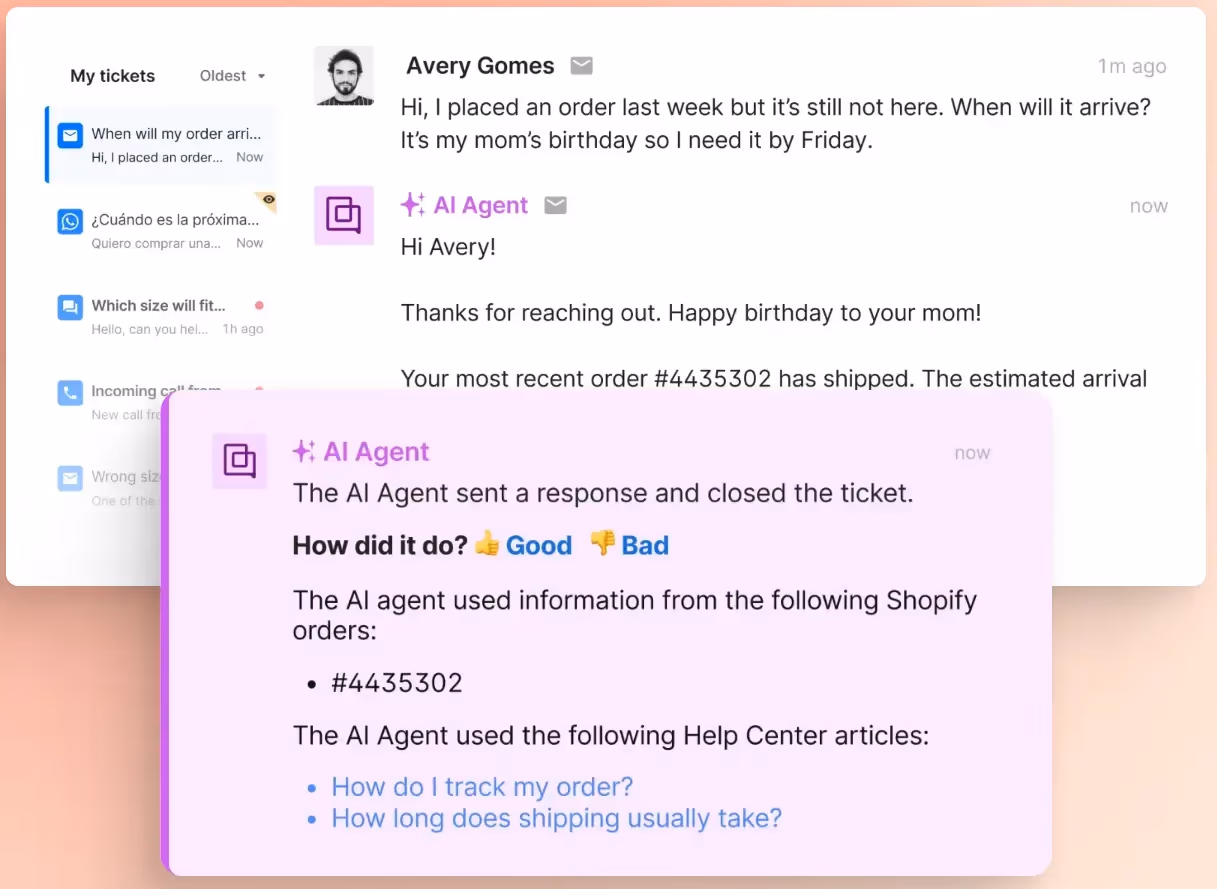 Gorgias helpdesk showing Shopify order data alongside the ticket
