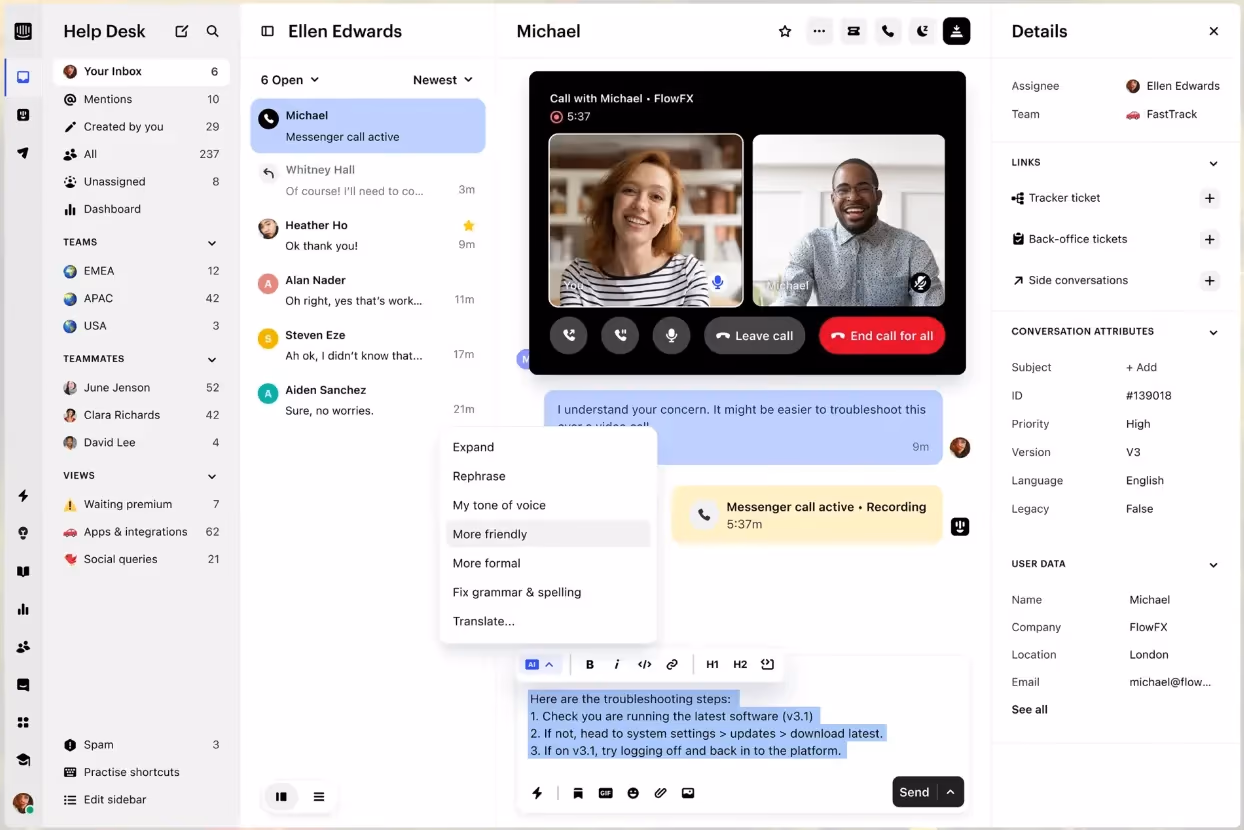Intercom messenger inbox with conversation threads