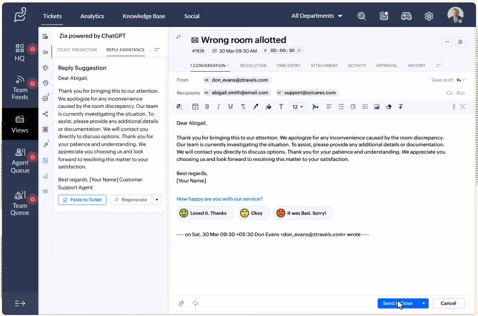 Zoho Desk multi-channel ticket view