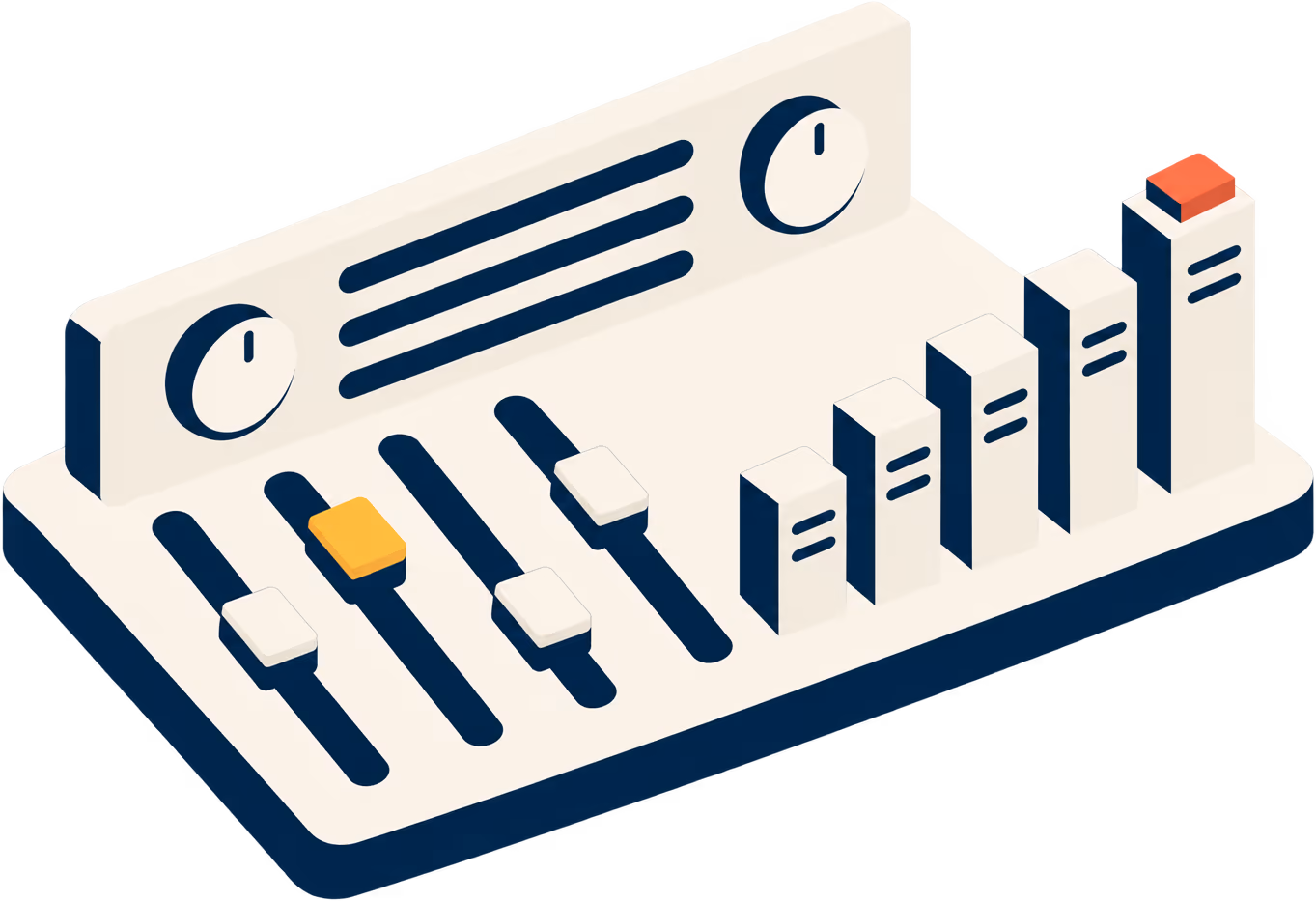 Isometric illustration of a pricing console: sliders and dials beside a row of stepped bars