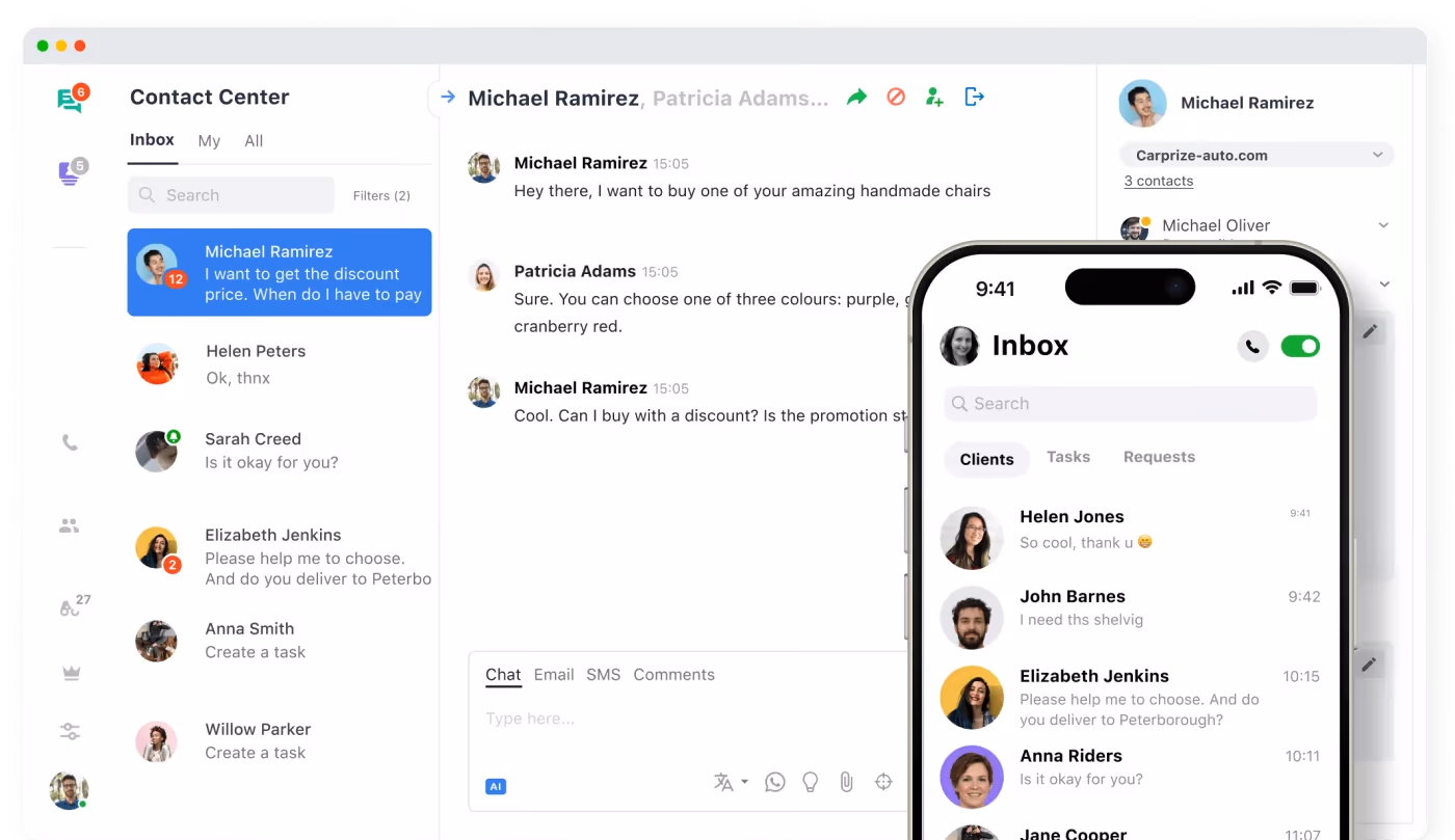 JivoChat shared inbox on desktop and mobile with chat, email and SMS in one conversation view