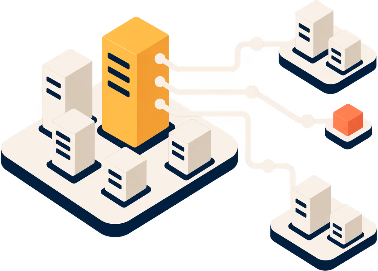 Isometric illustration of an outsourcing operation: a central hub of service teams linked out to three delivery sites