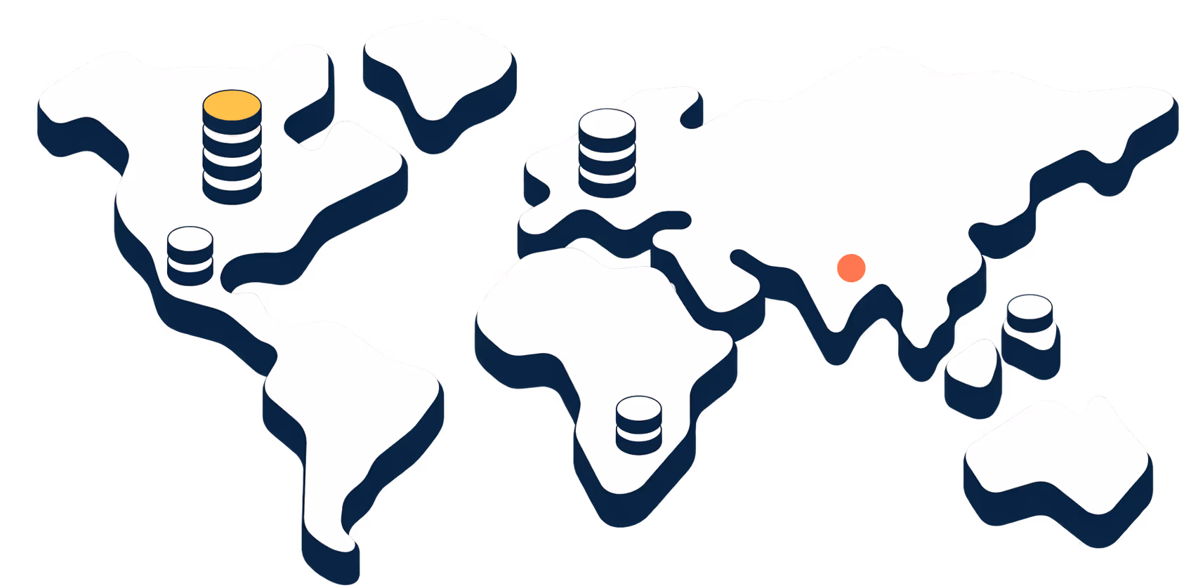 Outsourcing cost by region, shown as coin stacks on a world map